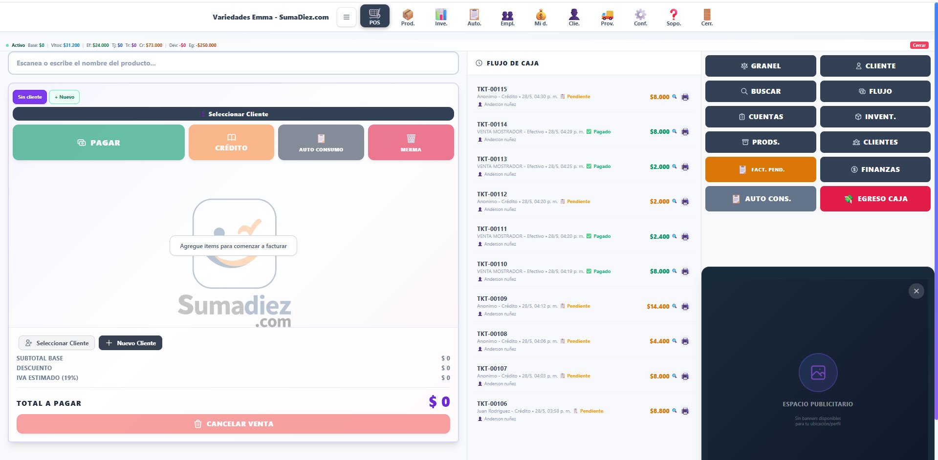 Dashboard de SumaDiez.com - Sistema POS